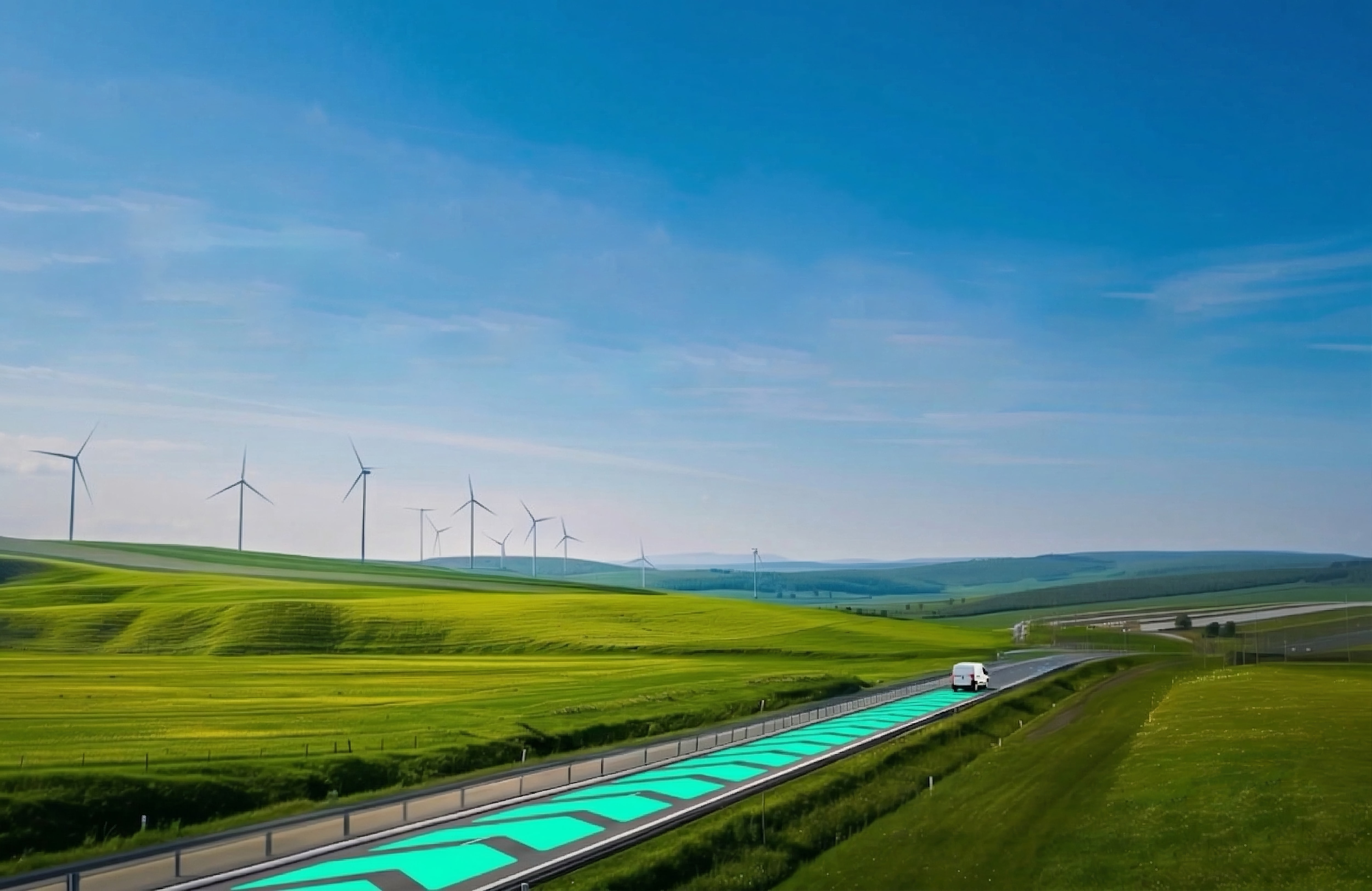EV driving on a glowing green road through rolling hills with wind turbines